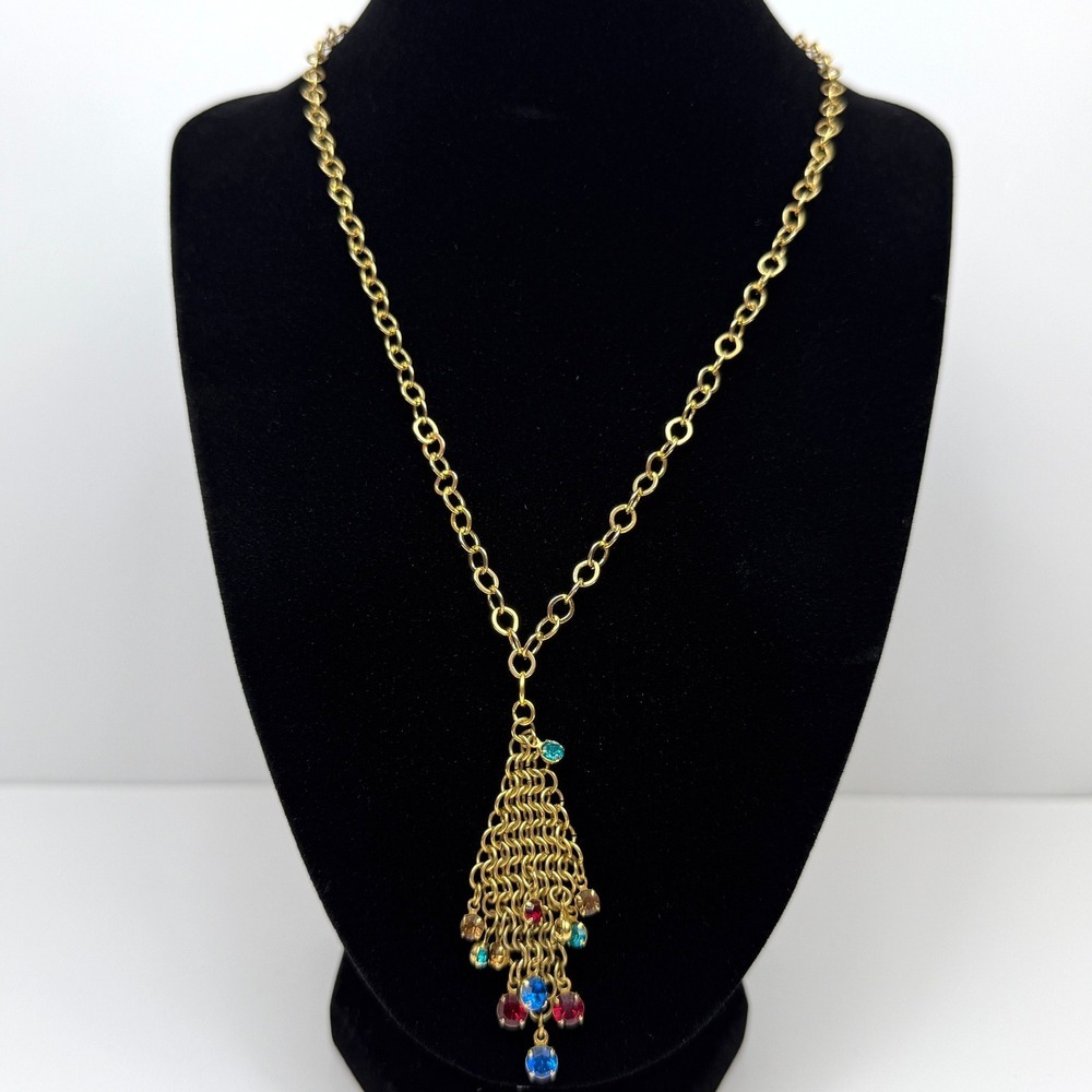 Colorful Crystal Rhinestone Cascade Pendant Necklace Gold Tone Statement Jewelry